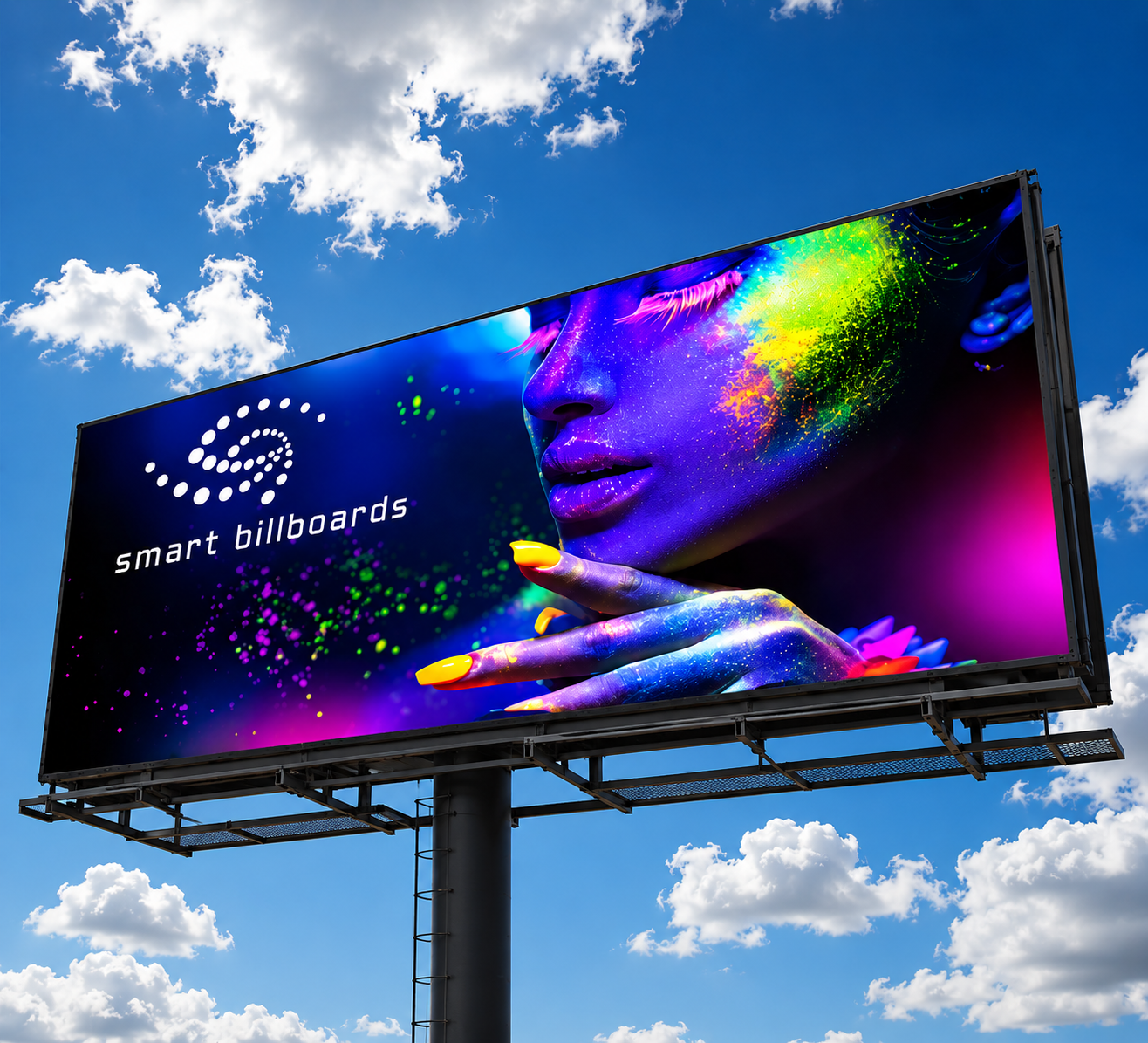 Digital billboard displaying a vibrant neon advertisement against a bright blue sky